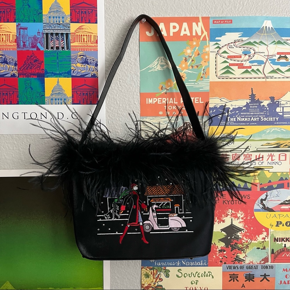 Feathered & Embroidered Black Purse